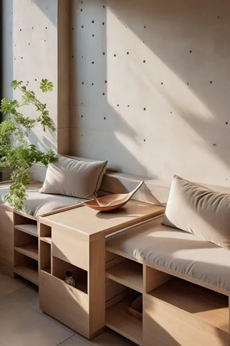 um banco aconchegante com nichos, cores neutras, iluminação natural ,a table sitting inside of a bedroom next to a window,danish furniture,daybeds,daybed,natuzzi,seating furniture,outdoor furniture,Ph