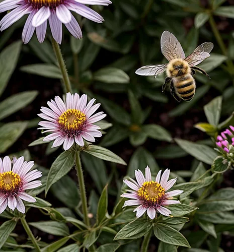 Bees over flowers,colletes,hover fly,apis mellifera,giant bumblebee hover fly,hoverfly,hornet hover fly,western honey bee,syrphid fly,erigeron,pollinating,echinacea purpurea,honey bees,honeybees,polli