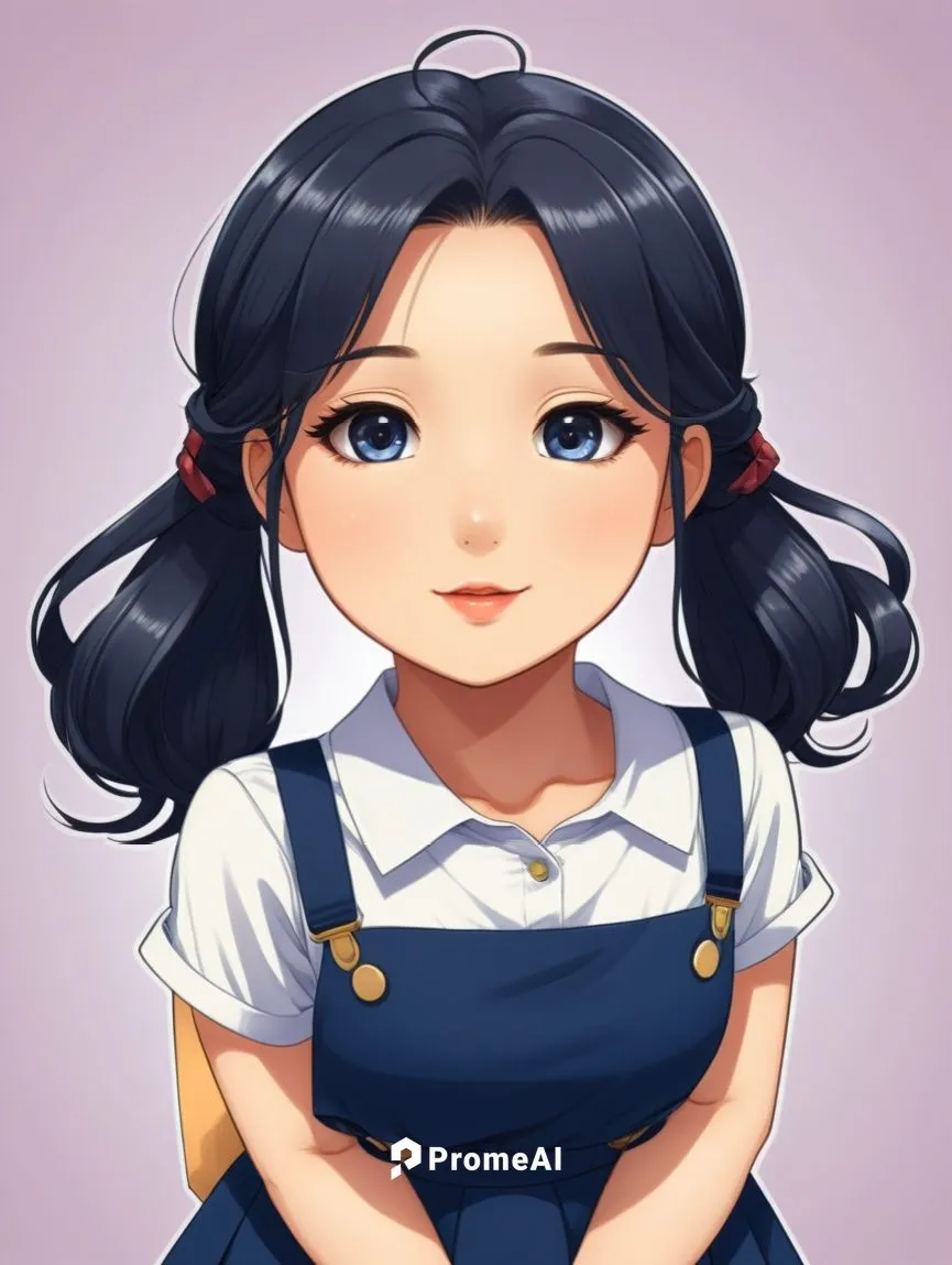 女生，吊带裙，卡通，日本动漫，chibi，动漫，插画，扁平插画,anime girls with black hair and blue eyes and an apron on her chest,marinette,zhiyuan,sakiko,hinata,toumi,mikiko,Illustration,Japanese style,Japanese Style 07