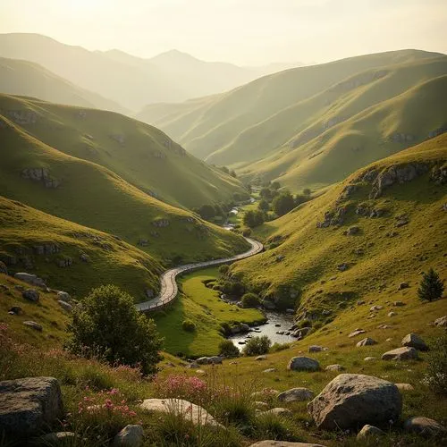 Rolling hills, serene landscape, gentle slopes, rustic stone walls, meandering streams, vibrant wildflowers, soft misty atmosphere, warm golden lighting, impressionist brushstrokes, expressive colors,