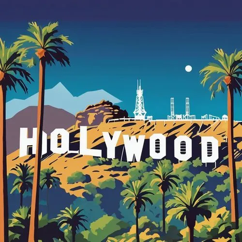 Hollywood Sign, Los Angeles, California, iconic landmark, giant letters, white color, bold font, mountainous background, palm trees, sunny day, blue sky, clear visibility, distant cityscape, Griffith 