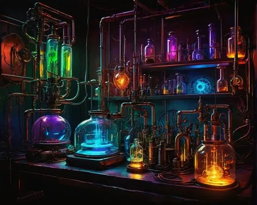 Psychase, futuristic laboratory, sci-fi setting, psychedelic colors, neon lights, eerie atmosphere, complex machinery, wires and tubes, metallic surfaces, glass containers, mysterious experiments, ste