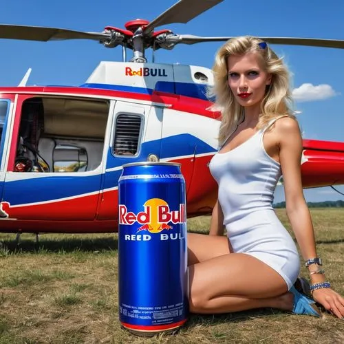 gorgeous 22 years old light-blonde advertising  Lady from 1980s, drinking  normal sized "Red Bull  blue can, gorgeous woman before  Red Bull blue and white painted Helicopter,vodka red bull,red bull,e