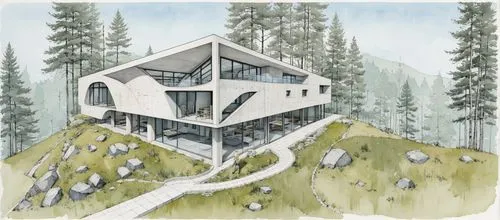 a house on top of a hill surrounded by trees,mountain hut,mountain huts,house in mountains,snow house,inverted cottage,house in the mountains,Unique,Design,Blueprint