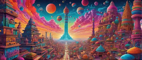 colorful city,fantasy city,cityscape,metropolis,futuristic landscape,3d fantasy,fantasy landscape,world digital painting,psychedelic art,fantasy world,dream world,sci fiction illustration,alien world,space art,dimensional,alien planet,panoramical,city cities,fantasy art,basil's cathedral,Illustration,Realistic Fantasy,Realistic Fantasy 39