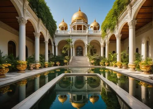 Symmetrical palace, grand entrance, marble columns, ornate carvings, golden domes, intricate stone patterns, majestic stairs, luxurious chandeliers, reflective pool, surrounding gardens, vibrant flowe