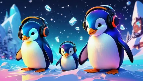 Penguin Paradise Discord Server, colorful cartoonish illustration, vibrant blue and white hues, penguins waddling around, wearing cute headphones and holding gaming controllers, playful expressions, a