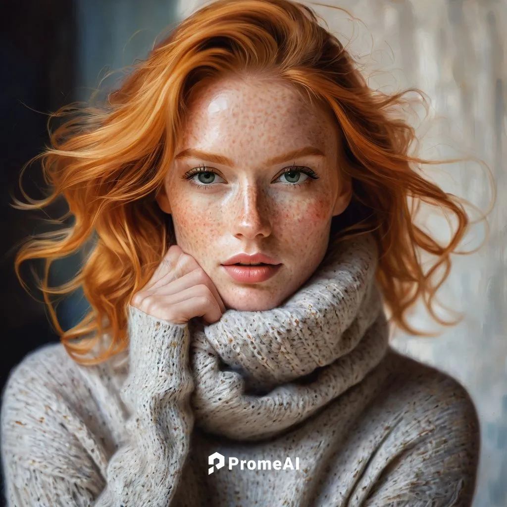 Young and beautiful Strawberry Blonde woman with freckles in a cozy cashmere turtleneck.  Flirty.,redheads,red-haired,red head,redhead,redhead doll,redheaded,romantic portrait,woman portrait,young wom