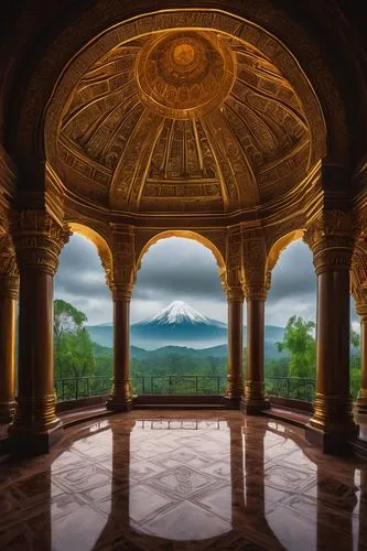 "Sacred architecture, ancient temple, grandiose entrance, intricate carvings, mystical aura, ornate columns, vibrant stained glass windows, majestic dome, golden accents, marble floors, mysterious amb