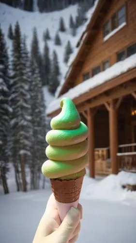 the green frosted ice cream is in a cone,llao,ice cream cone,aglycone,green icecream skull,soft ice cream,gelati