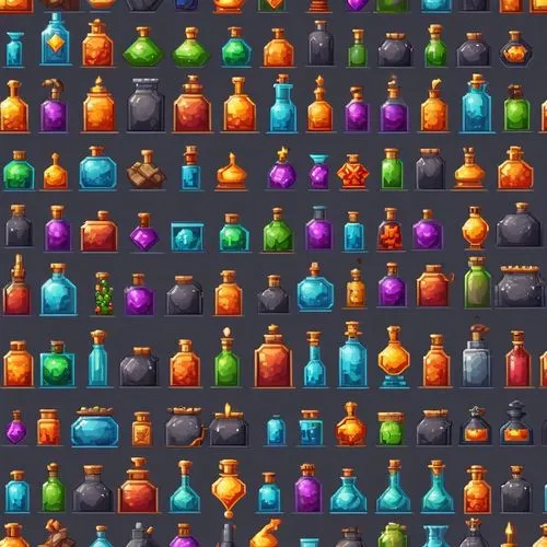 Array of Wizarding World style potion bottles in pixel art, each item is an independent pixelated entity with high-tech magic stoppers, flame shaped stoppers, arranged in 2D pixel game prop style, no 