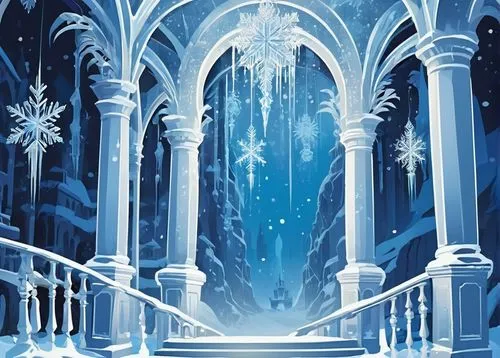 Frozen palace, grand staircase, crystal chandelier, ice sculpture decorations, delicate frost patterns on windows, intricate snowflake designs on walls, majestic entrance with icy columns, frozen foun