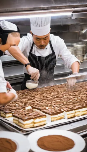 Transport your readers to a bustling bakery where they catch a glimpse of a tiramisu being made from scratch.,pizzelle,pastry chef,pralines,almond tiles,chocolatier,wafer cookies,paris-brest,chocolate