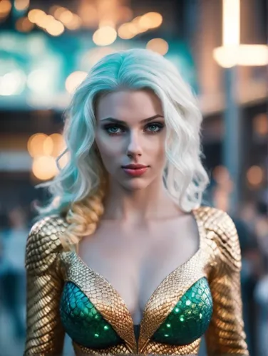 aquaman,elsa,fantasy woman,elf,birds of prey-night,wonderwoman,cosplay image,bodypaint,green mermaid scale,comic-con,super heroine,the enchantress,pixie,comiccon,wonder woman city,blonde woman,birds of prey,cosplayer,wonder woman,marylyn monroe - female