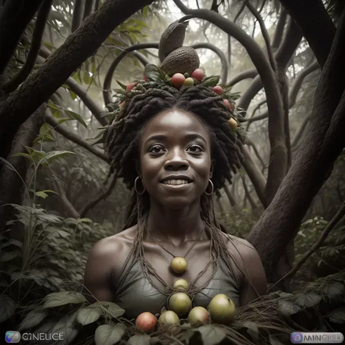 A Queen, Mother Nature, Black Woman smiling, Coming out of the ground of a lively and colorful forest, lots of color, lots of birds, lots of fruit, paradise, power of smile, green eyes, natural hair, 