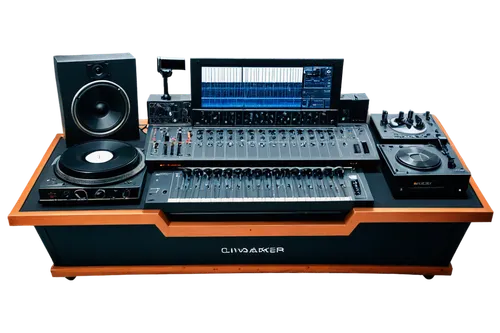 Sound waves, musical notes, headphones, microphone, DJ console, vinyl records, turntable, CD player, speakers, amplifier, music studio, recording equipment, professional audio engineer, mixing board, 