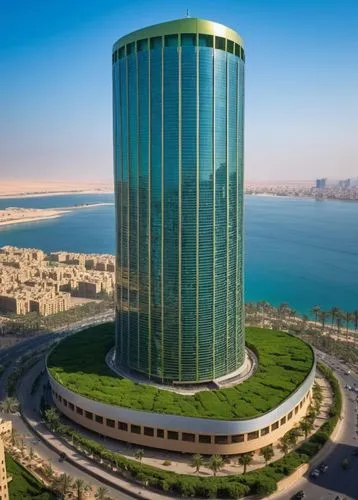 in the heart of egypt, a towering media tower stands tall - its tower reaches towards the sky, its sleek design reminiscent of the "fiving world is layers of past". Its green roofs are adorned with in