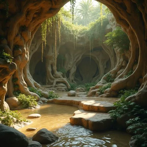 rivendell,grotte,enchanted forest,fantasy landscape,grottoes,mirkwood,elven forest,alfheim,fairytale forest,fairy village,3d fantasy,fairy forest,cartoon video game background,cave,forest glade,cave on the water,lorien,fantasy picture,fairy world,the mystical path,Photography,General,Realistic