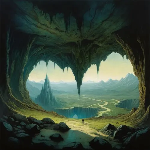 A dwarvian city within a grotto, hanging from the ceiling and the floor
Overlooking an abysmal pit in the centre,a person standing under an arch in the middle of a field,caverns,cavern,cave,caves,cave