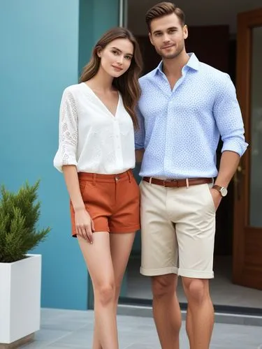 Create an elegant hand-holding couple in shorts that will show off your best work.,a man and a woman standing on the front step of a house,lakorn,bermudas,social,young couple,janya,lucaya