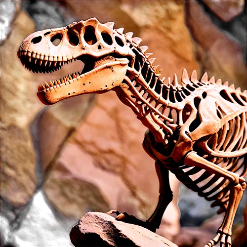 Dinosaur fossil, ancient, detailed texture, rocky background, Tyrannosaurus Rex skeleton, 3/4 composition, warm color tone, cinematic lighting, close-up, shallow depth of field, rough stone surface, m