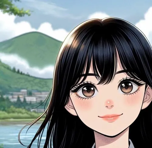 a girl's smile,anime cartoon,yamada's rice fields,yuanyang,the girl's face,maimi fl,japanese background,anime 3d,cute cartoon character,gondola,hong,sanya,shochikuume,anime girl,doll's facial features