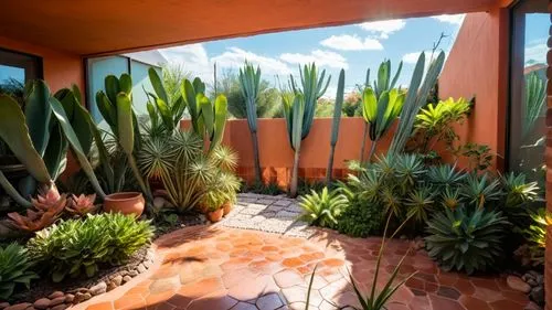 Modern Mexican Interior Design, Living Room, vibrant Mexican textiles, rustic terracotta tiles, lush indoor agave
,a home garden is displayed with succulents and flowers,landscape design sydney,desert