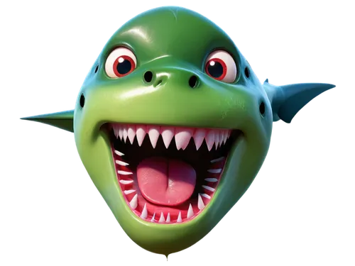 Cartoonish, exaggerated expression, mouth open wide, shark teeth, tongue out, saliva dripping, messy eat, funny face, comical eyes, green skin, scaly texture, 3D cartoon style, vibrant colors, high co