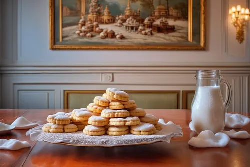 magnificent view (masterpiece) for a table placed on it a jar and some plates full of white cookies (cookies covered with sugar powder), (vivid color), setting in a classic room,french macaroons,cream