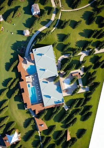 aerial view of an elegant home in the country,ski facility,ski resort,escher village,aerial view umbrella,private estate,bendemeer estates,Photography,General,Realistic