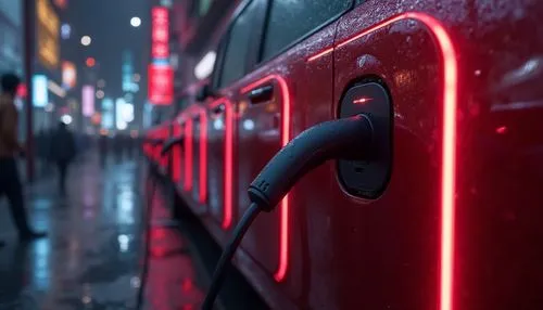 Burgundy colored, futuristic charging station, sleek metallic body, LED lights strip, curvy lines, modern architecture, urban cityscape, rainy night, neon signs reflection on wet pavement, 3/4 composi