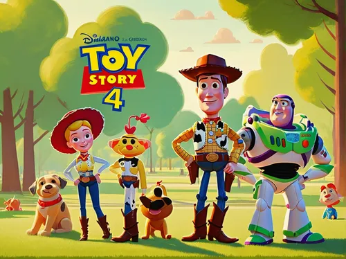 Illustrate a Toy Story logo with cheerful characters in a sunny park,toy story,toy's story,toy store,animated cartoon,toy box,film poster,cartoon forest,troop,movie,cute cartoon image,children's toys,