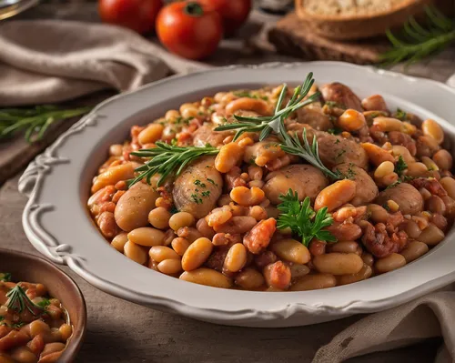 Develop gourmet cassoulet with premium ingredients, exquisite presentation, and fine dining elegance. Design a sophisticated atmosphere for a luxurious and upscale meal.,cassoulet,cholent,pasta e fagi