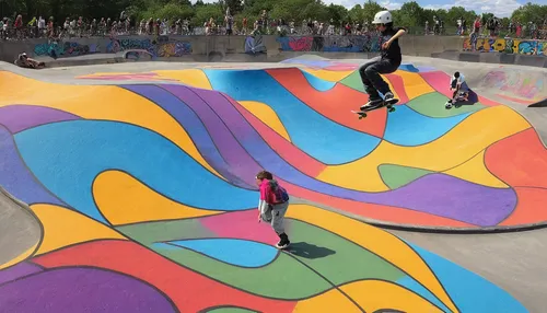 Describe a sunny day at the skate park near Daddies Board Shop, where skateboarders showcase their skills.,skatepark,half pipe,half-pipe,skate park,halfpipe,sand board,skaters,artistic roller skating,