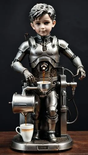 a happy male littel statue boy as coffee machine, coffee pouring out of his middel body, vicorian, heavy metal, 16K, High Details, ,there is a robot that has some kind of beverage,coffee percolator,si