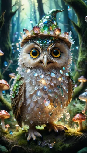 a cute little owl, made of hundreds of thousands of crystals, transparency, lighted through the whole body, exploring the forest, glass mushrooms scattered around, huge trees covering the sky, all of 