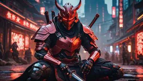 a red and black demon sitting on the ground with two swords in front of him, very beautiful cyberpunk samurai, cyberpunk samurai, anime cyberpunk art, anime cyberpunk, cyberpunk anime art, cyborg samu