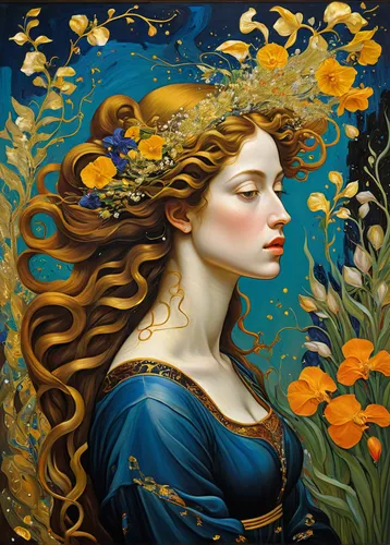 the sea maid,rusalka,water nymph,gold foil mermaid,the zodiac sign pisces,merfolk,golden flowers,siren,kahila garland-lily,gold fish,vanessa (butterfly),blue moon rose,faery,fantasy art,the garden marigold,pisces,the wind from the sea,mystical portrait of a girl,mermaid,fantasy portrait,Art,Classical Oil Painting,Classical Oil Painting 16