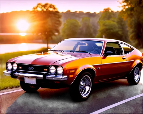 American classic car, Ford Pinto, 1970s model, shiny metallic paint, curved lines, chrome bumper, round headlights, sporty wheels, detailed interior, leather seats, wooden steering wheel, dashboard wi