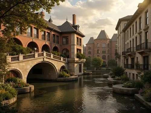 Rustic stone bridges, ornate balustrades, weathered wooden railings, warm beige stonework, earthy red brick arches, moss-covered piers, soft golden lighting, misty atmospheric effects, serene river wa