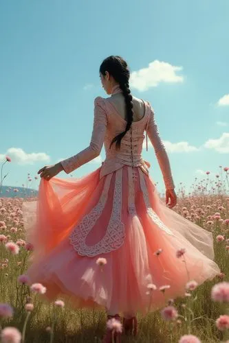 aerith,blooming field,rosa 'the fairy,flower fairy,field of flowers,rosa ' the fairy,pink grass,cosmos field,meadow play,meadow,serah,aeris,hanbok,flower field,girl in flowers,girl in a long dress,fantasy picture,sea of flowers,everlasting flowers,cosmos wind