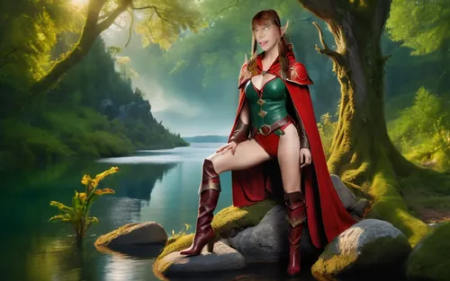 a woman dressed as a red son in the forest by water,fantasy picture,rusalka,tuatha,fantasy art,world digital painting,girl on the river