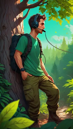 farmer in the woods,hiker,game illustration,mountain guide,forest man,forest background,forest workers,adventurer,druid grove,monkey island,forest walk,cargo pants,woodsman,free wilderness,forest workplace,game art,adventure game,lumberjack,in the forest,traveler,Conceptual Art,Fantasy,Fantasy 21