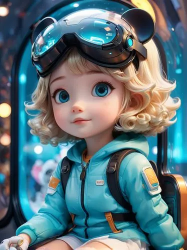 kuhia kawaii character on ice bench, in the style of hyper-realistic sci-fi, vray tracing, alan bean, hikari shimoda, teal and beige, cute and dreamy,a doll wearing a helmet with goggles and gloves,ta