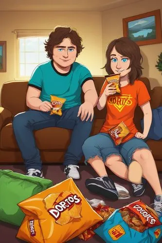 cheese puffs,cartoon chips,grainau,game illustration,junk food,snacks,potato chips,crisps,young couple,online date,chips,as a couple,fan art,gamers,world digital painting,vector people,happy couple,foods,couple goal,digital painting,Art,Classical Oil Painting,Classical Oil Painting 44