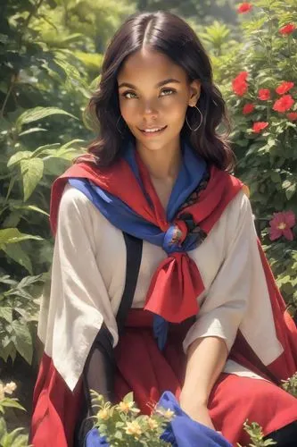 a joven mujer with contagious features sits in front of a large, adoring rostro hermoso, ojos delgada adorned with a red cape and a vibrant cabello corto negro, accompanied by a cuerpo completeo, delg