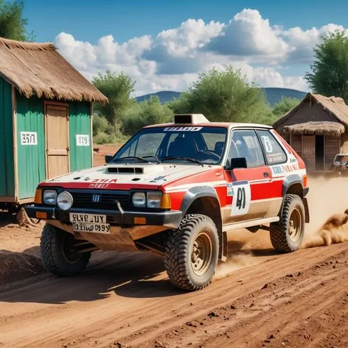 A rally vehicle from the 1990s, with a nice paint job and being on a dirt road with some huts on the sides of the road.,dakar rally,hilux,bakkies,bakkie,aprc,overland,sainz,kamaz,4 runner,overlanders,