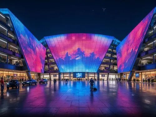 Vibrant football stadium, dynamic curved facade, angular metal cladding, LED lighting system, massive video scoreboard, open-air concourse, grand entrance gates, sleek modern architecture, cantilevere