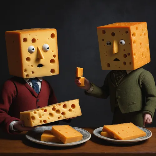 Write a comedic dialogue between two characters arguing about the best way to enjoy Cotswold Double Gloucester.,danbo cheese,mold cheese,cheeses,blocks of cheese,cheese slices,cheese holes,cheese cube