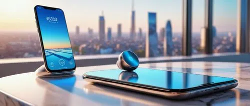 Modern smartphone, sleek design, silver metal body, glass screen, rounded edges, minimalist UI, 3D rendering, futuristic icons, glowing blue light, wireless earbuds, marble table, modern living room, 